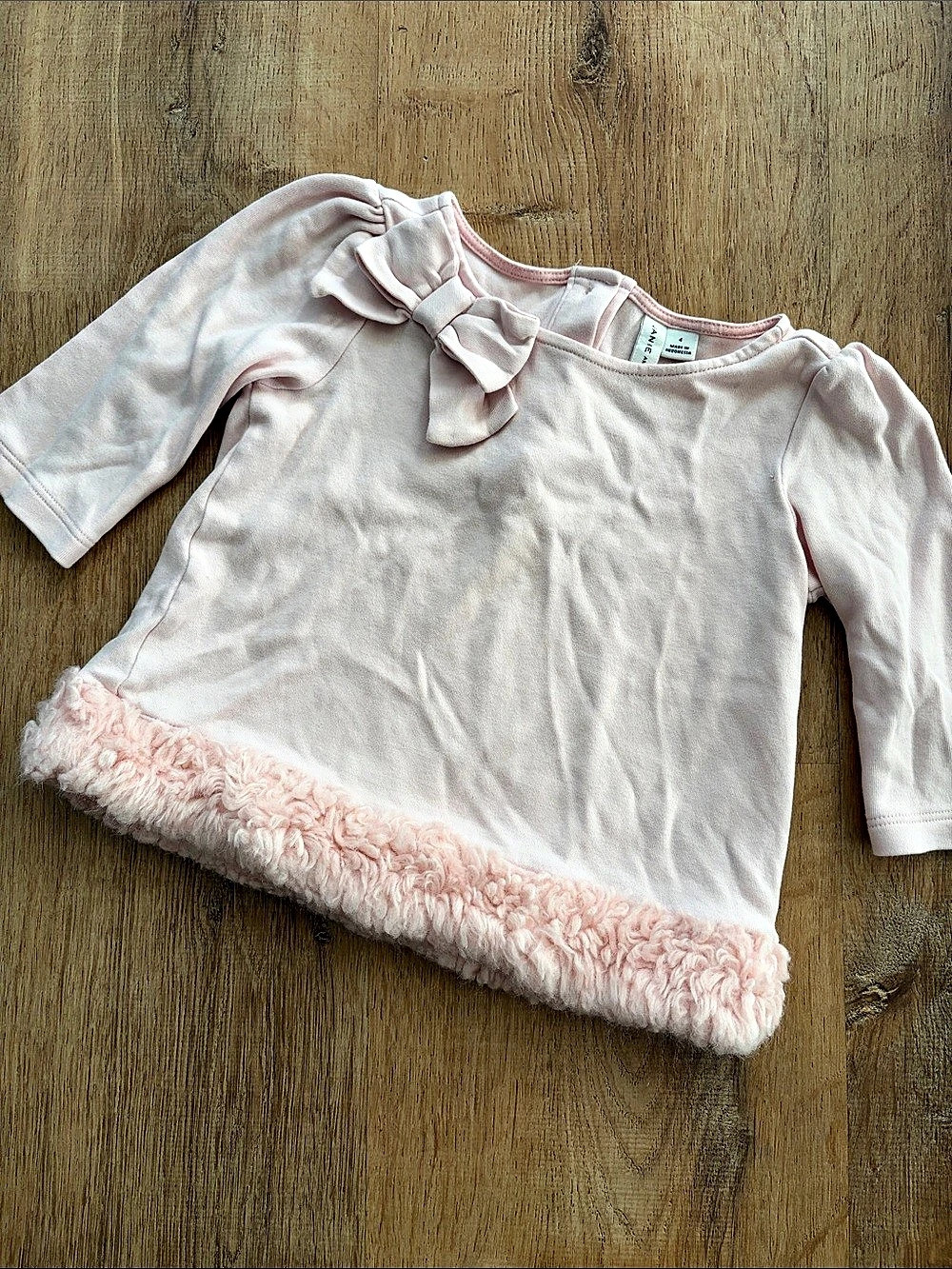 Janie and Jack Size 4 Pink Bow and Fluffy Trim Long Sleeve Top